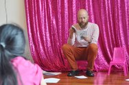 Live zine reading of 'Incredibly Hot Sex with Hideous People' with Bryce Galloway during the Trust Us Contemporary Art Trust Telethon, Friday 17 February, 2017, 12 noon – 12 midnight. Image courtesy of Enjoy Public Art Gallery.