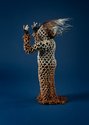 Linde Ivimey, Regina, 2017 steel, acrylic resin, leather, dyed cotton, natural chicken bone and woven vertebrae, feathers and porcupine quills, shellac,  75 x 31 x 39 cm
