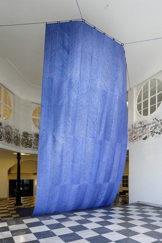Mata Aho Collective, Kiko Moana, 2017, polythene tarpaulin and cotton thread, Hessisches Landesmuseum, Kassel, documenta 14. Photo: Michael Nast.