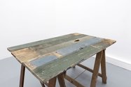 John Ward Knox, Tauhou, 2017, Zosterops lateralis, sterling silver, 18ct gold and trestle table, 78 x 120 x 75 cm