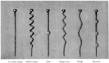 Maori god symbols, etching, 19th Century.