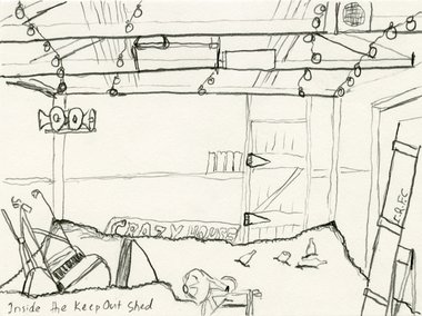 Michael Stevenson, Inside the keep Out Shed', c.1988, graphite on paper, 112 x 149 mm