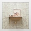 Emily Hartley-Skudder, Shy Rose Next Door, 2018, mixed media, including new old stock self-adhesive shelf liner on aluminum composite panel, found sink, oil on linen   