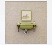 Emily Hartley-Skudder, Tomboy Avocado, 2018, mixed media, including new old stock self-adhesive shelf liner on aluminum composite panel, found sink, oil on linen   