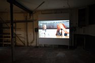 Amanda Newall, Hotel Jaguar, 2018, Installation shot 'The Hoover Diaries' moving image work, Exposed Arts Projects, Kensington, five metre by five metre projection, photo: Alice Riddy