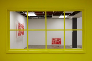 Through the window: Olyvia Hong: Breeding Negotiations --Once you've done a bit of winning, the bug has bitten, 2018, screen print on polyvinyl acetate; Play with control, 2018, plastic and ceramic dog figures. Photo: Sam Hartnett