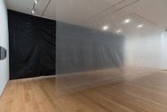 The long parallel polythene screens used in Jim Allen's O-AR 2, displayed with documentation of six other Allen works. Part of Groundswell: Avant-Garde Auckland 1971-79 at Auckland Art Gallery Toi o Tamaki.