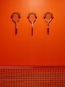 PᾹNiA!, Tennis Racket, 2019, wooden vintage tennis rackets, safety earmuffs, three pieces, 68.5 x 31.5 x 9 cm each. Photo: Sam Hartnett