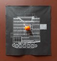 Yllwbro, Ministry of Traction: Klosterstraβe 50 (2019), acrylic, screenprint, plastic orange on canvas,  75.5 x 69 x 8.5 cm.  Photo: Arekahānara