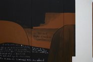 Detail of Colin McCahon, Gate III, 1970, acrylic on canvas, Victoria University Art Collection. Photo: Sam Hartnett. Courtesy of Colin McCahon Research and Publication Trust, and Te Uru Waitakere Art Gallery.