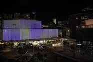 Carlos Cruz-Diez, Chromointerference, 2020, (install view) Aotea Centre Wrap, Aotea Square commissioned by Te Tuhi, Auckland, and Auckland Live presented in association with Auckland Arts Festival 2020 © Adagp, Paris 2020 photo by Sam Hartnett