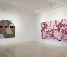 Alberto Garcia-Alvarez,  Centennial, 1972, mixed media on canvas, 1870 x 1870 mm; Judy Millar, Three Parts Pink, 2020,	oil and acrylic on canvas, 1800 x 3800 mm overall. Photo: Sam Hartnett
