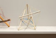 Xin Cheng, Out of the Woods, 2020,  detail, Tensegrity models with pinetrim, wilding pine, mānuka, rimu, plywood, pencils, twig, string, rubber bands. Four pieces. Installation dimensions variable. Photo: Arekahānara