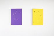 James R. Ford: Untitled (8 gold dots on purple), 2020, acrylic and spray paint on canvas, 90 x 60 cm;  Untitled (12 black dots on yellow), 2020, acrylic and spray paint on canvas, 90 x 60 cm 