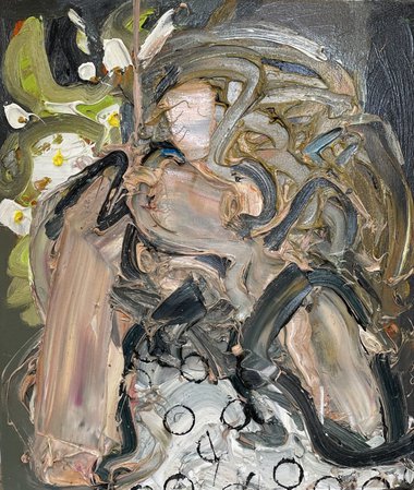 Toby Raine, Goodnight Irene (Irene blowing her nose with flowers) [Version ii], 2021, oil on linen, 700 x 600 mm