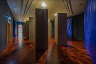 Jeremy Leatinu’u, Building monuments and folding forts upon a slippery ocean and a moving sky, 2021, cardboard, tarpaulin. Photo: Kallan MacLeod