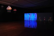 Installation of Christopher Ulutupu's What's the worst you could do?, 2021, 2 channel HD video, commissioned by Te Tuhi. Photo: Sam Hartnett