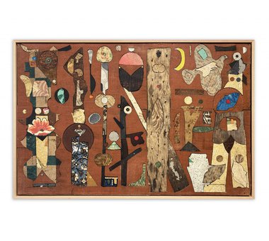 Simon Ogden, The Ivory Hunter and the Elf #2, found linoleum, oil, wood and hessian, 950 x 630 mm.