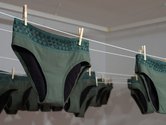 Chantel Matthews, Tides of Life, 2021, installation view, 200 AWWA period underwear, washing line, pegs, available to be taken during the course of the exhibition, commissioned by Te Tuhi, Tāmaki Makaurau Auckland, photo by Sam Hartnett