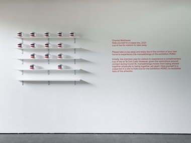 Chantel Matthews, Help yourself to a cuppa tea, 2021, installation view, cup of tea for visitors to take away, commissioned by Te Tuhi, Tāmaki Makaurau Auckland, photo by Sam Hartnett