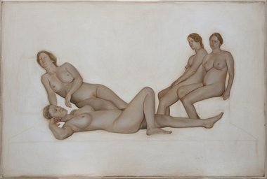 Jennifer Mason, Four Figures, 2021, oil on board (framed)  1170 × 1730 mm