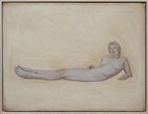 Jennifer Mason, Abigail on Elbows, 2022, oil on aluminium (framed), 655 × 850 mm