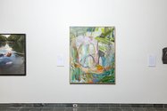 In centre, Deborah Moss, Memories of Nikau, acrylic, ink, oil pastel on stretched linen, 1530 x 1220 mm.