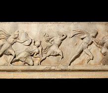 Frieze block from the Tomb of King Mausolus, marble, Halikarnassos, Turkey, about 350 BCE, length 215 cm. Courtesy of the Trustees of the British Museum.