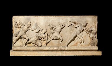 Frieze block from the Tomb of King Mausolus, marble, Halikarnassos, Turkey, about 350 BCE, length 215 cm. Courtesy of the Trustees of the British Museum.