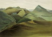 Margot Philips, Landscape with blue-green bach, 1962, oil on board,  Fletcher Trust Collection