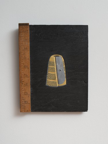 Denis O'Connor, Pencil Sharpener, 2022, wooden ruler, carved pigmented Welsh slate, 200 x 255 mm. Photo: Sam Hartnett, courtesy of Two Rooms