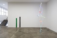 Vincent Szarek, BC1 Viper Green, 2023, urethane on fibreglass, 160 x 16.50 x 6.30 cm; Vincent Szarek, BCT Ebony, 2023, urethane on fibreglass, 183 x 15.24 cm; Anselm Reyle, Untitled, 2023, neon, cable, chains, 3.30 m., mixed media on canvas, 135 x 114 cm 