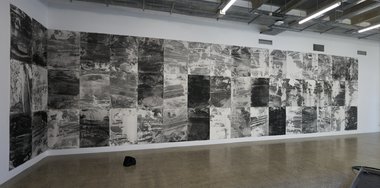 Installation of Jill McIntosh, Shifting Field, 2023, charcoal on Lanaquarelle paper. Photo by Victoria Baldwin