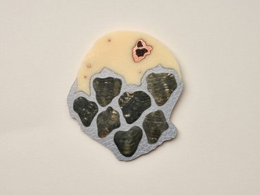 Octavia Cook, M (Mermaid) brooch, 2022, acrylic, Mother of Pearl shell, silver, copper (freckles). 89 x 93 x 6 mm--front
