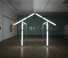 Bill Culbert: Hut II, 2013, fluorescent tubes, ballasts, casings, metal fixings, electrical components,  2800 x 3500 x 2400 mm; Ten Photographs Taken Between Sunrise and Moonrise on One Day in Winter, 1974/75. C-type Prints on Cotton Rag Paper.