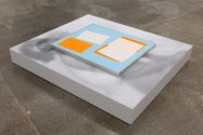 Ella Sutherland, Still Life with Back Issues II, 2023, acrylic on canvas, aluminium frame, pigment print, lacquered wood plinth 82 x 67 cm painting;140 x 120 x 15 cm overall 