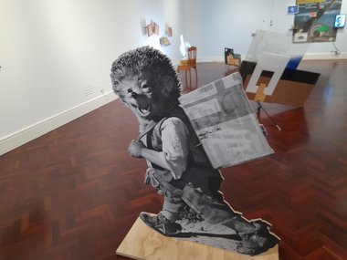In foreground, Denise Ziegler, Mecki the Traveller, 2024, photographic print, plywood. Photo: John Hurrell