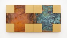 Stephen Bambury, Twenty Thirty (XI) 2023. Lacquer & chemical action on two copper panels on ply, 170 x 340 mm
