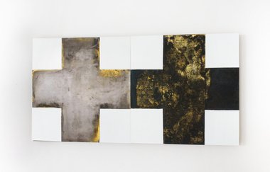 Stephen Bambury, Twenty Thirty (IX) (Night/Day) 2023. Lacquer & chemical action on two copper panels on ply, 170 x 340 mm