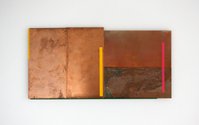 Stephen Bambury, Sight Line (XXXI) 2024. Chemical action and acrylic on four copper panels and aluminium extrusion, 183 x 360 mm