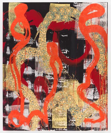 Max Gimblett, The Wild One, 2022, acrylic polyester, water-based size, 22kt gold, platinum, Japanese dyed silver, blue varigated leaves on poly-cotton canvas, 203.2 x 165.1 cm