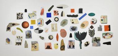 Richard Killeen, Destruction of the Circle, 1990,  acrylic and collage on aluminium, 55 pieces, 1900 x 4250 mm pictured, dimensions variable.