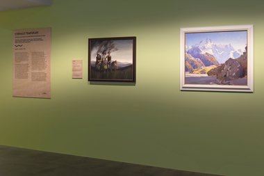 Installation view of Eternally Temporary at Te Uru--Kelliher Art Trust Collection: Rex Turnbull, Last puha before the storm, Taihape, 1973, oil on board, 600 x 750mm; Austen Deans, Kea Hut, Mt Sefton, 1962, oil on board, 715 x 855mm. Photo: Sam Hartnett 