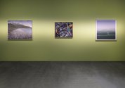 Installation view of Eternally Temporary--Kelliher Art Trust Collection, at Te Uru: Aroha Gossage, Hauturu, 2016; Imogen Taylor, View from Te Ahuahu, 2015; Michael Dell, Untitled landscape at Moutere, 2022. Photo: Sam Hartnett 