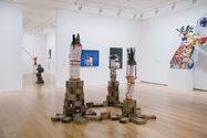 On the floor, Sung Hwan Bobby Park's installation, BTM Ding Deng Dong, 2024. On the middle wall, photographs BTM Portrait Ding Deng Dong, 2024, and Sgt Ang, 2024. The works on the righthand wall are by Maungarongo Te Kawa. Photography by David St. George.