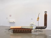 Oscar Enberg, Imagination Dead Imagine (lilt for tenor and Jean Arp electric guitar), 2015; Mary-Louise Browne, Soft Ears, 2005, acrylic, enamel on leather; Dane Mitchell, Tin-can phone (From Starkwhite to the Auckland Art Gallery), 2003, string, tins. C 