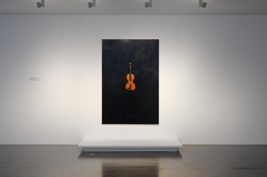 John Nixon, Black Monochrome With Violin, 1993, enamel and violin on hardboard. Chartwell Collection. Courtesy of Te Uru. Photo by Sam Hartnett  