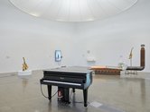 Michael Stevenson, Danius Kesminas, Neil Kelly, Rohan Drape, Slave Pianos (of the Art Cult), 1998-1999, QRS pianomation system, Playola key top player, Yamaha MIDI data filer, MIDI files, motor, hydraulic jack, steel plate, music. Chartwell Collection. 