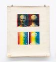 Billy Apple, Vertical Progressive (Cyan/Magenta over Rainbow Roll Up, Rainbow), 1967, offset colour photo-lithography on loose primed canvas, 111 x 90.50 cm