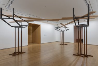 Ana Iti's installation, A resilient heart like the manawa, 2024, kauri timber, steel, rust, audio field recordings. At Auckland Art Gallery Toi o Tamaki. 